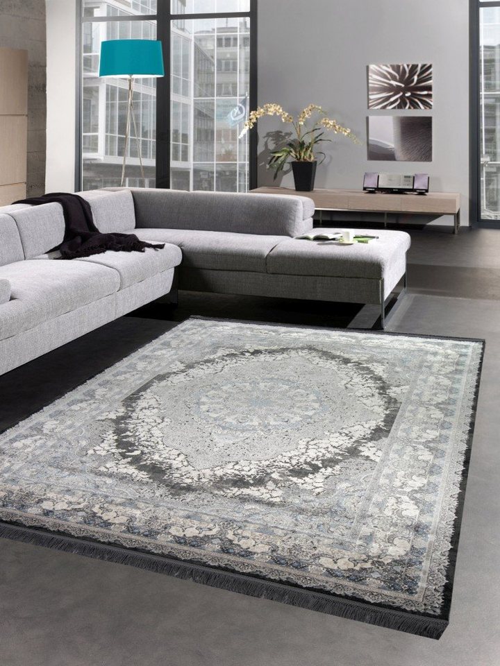 Wollteppich Teppich Luxus Designerteppich Wollteppich grau blau, Carpetia, rechteckig, Höhe: 7 mm, Maschinengewebt von Carpetia
