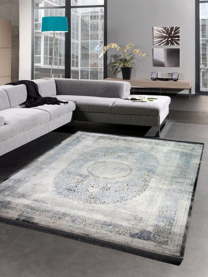 Wollteppich Teppich orient Designerteppich Wollteppich grau blau, Carpetia, rechteckig, Höhe: 7 mm, Maschinengewebt von Carpetia