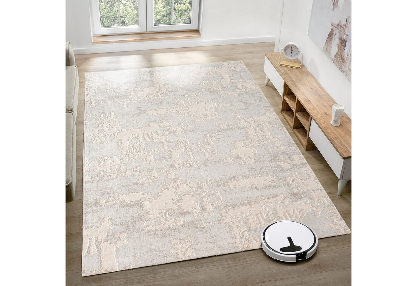 Carpetilla Designteppich Teppich Wohnzimmer Schlafzimmer abstrakt Muster modern Cream, Rechteckig, Höhe: 10 mm, wohnzimmer schlafzimmer oko text robust von Carpetilla