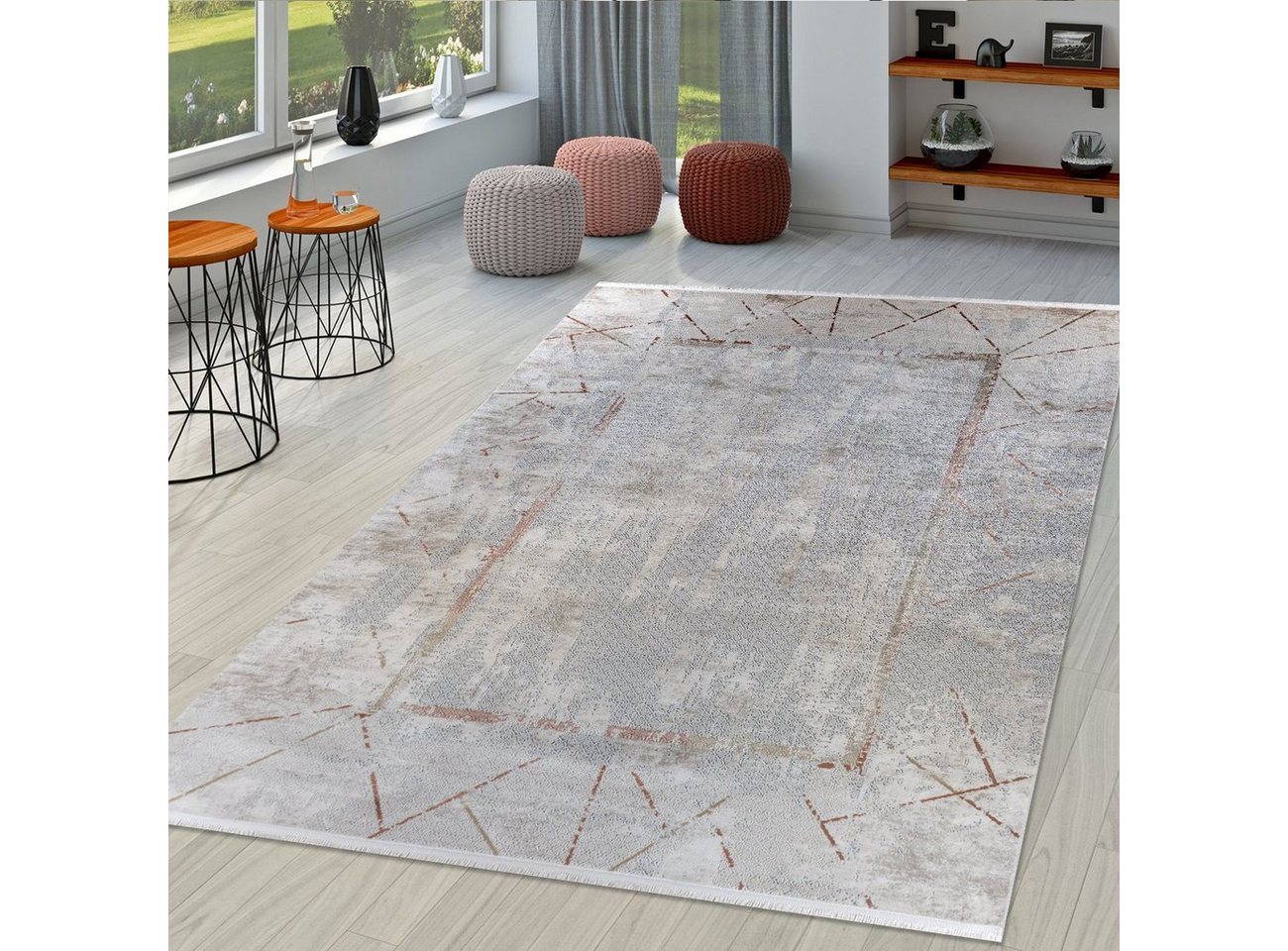 Designteppich Designer Wohnzimmer Teppich Aqua Zickzackmuster Beige Orange, Carpetilla, rechteckig, Höhe: 10 mm, Wohnzimmer, Kinderzimmer, Kurzflor von Carpetilla