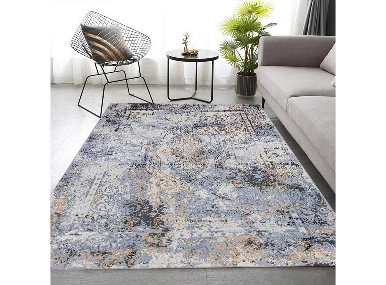 Designteppich Designer Wohnzimmer Carpetilla Senfony Orientalisch Grau/Beige, Carpetilla, Höhe: 11 mm, Kurzflor von Carpetilla