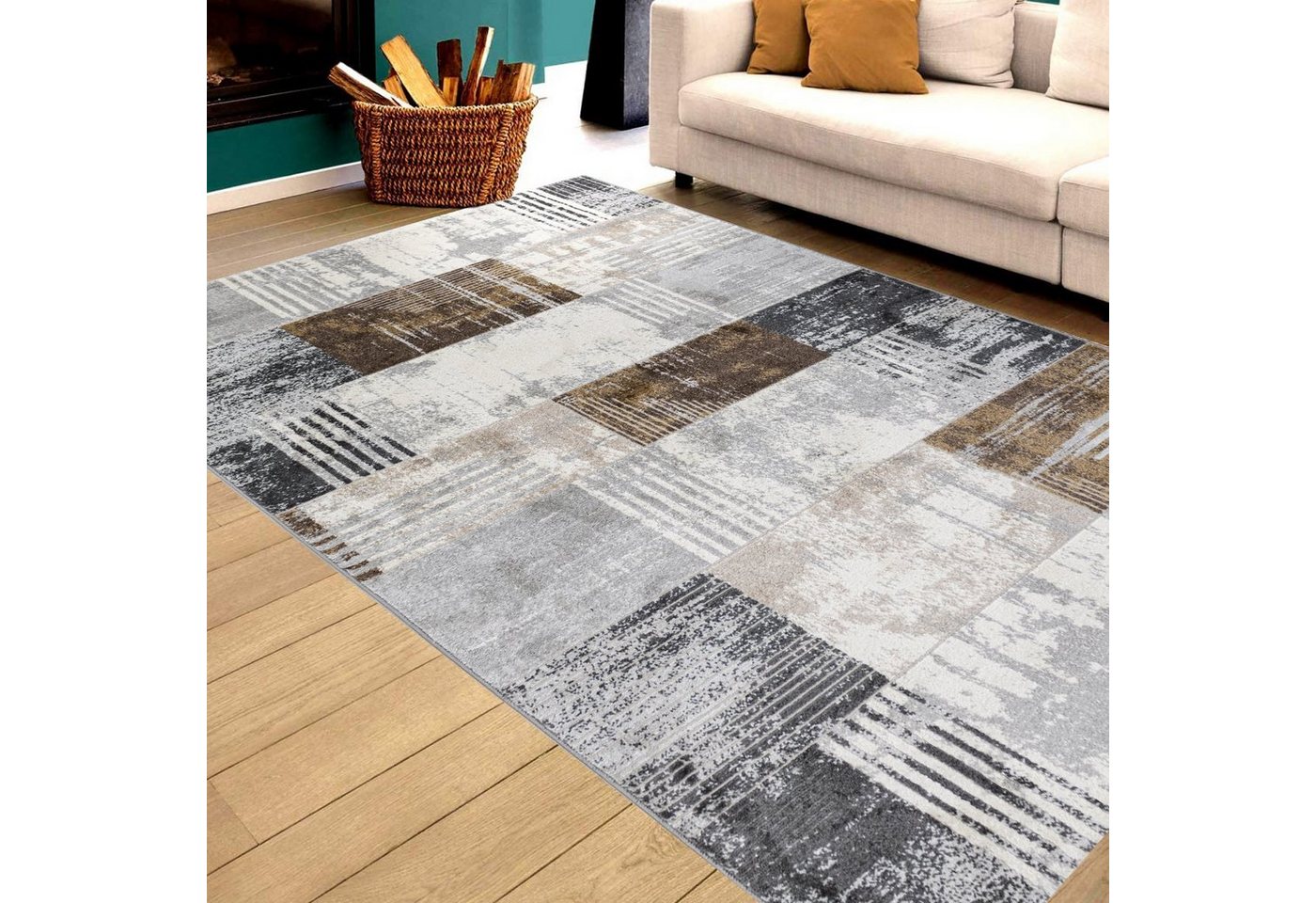 Designteppich Designer Wohnzimmer Teppich Palmas Surreal Grau Braun Kästchen Muster, Carpetilla, Rechteckig, Höhe: 10 mm, Wohnzimmer, Kinderzimmer, Schlafzimmer von Carpetilla