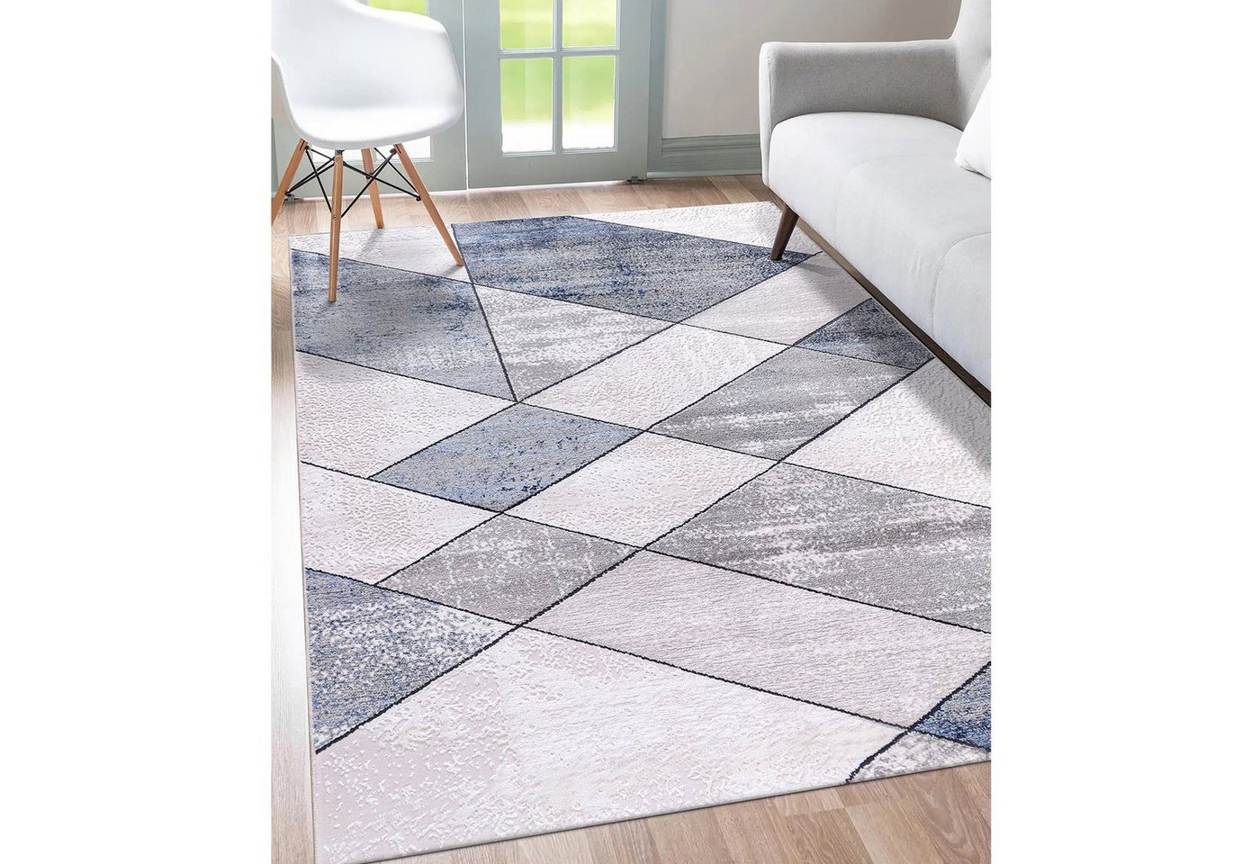 Designteppich Designer Wohnzimmer Teppich Palmas Abstrakt Musterung Blau Grau, Carpetilla, Rechteckig, Höhe: 10 mm, Kurzflor, Wohnzimmer, Kinderzimmer von Carpetilla