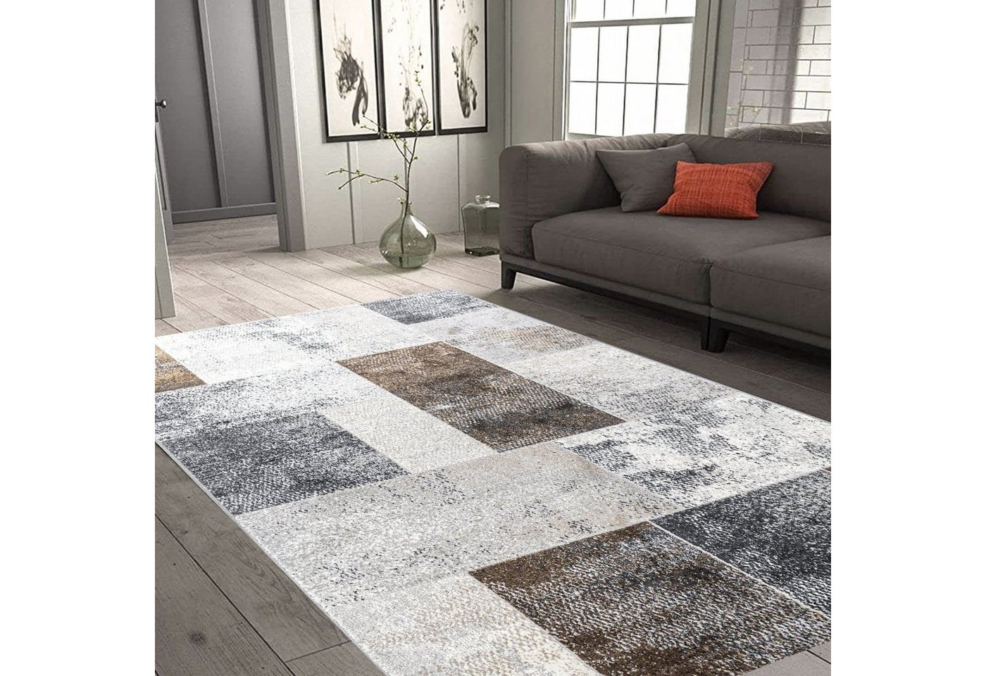 Designteppich Designer Wohnzimmer Teppich Palmas Teppich Kästchenmuster Grau Braun, Carpetilla, Rechteckig, Höhe: 10 mm, Kurzflor, Wohnzimmer, Kinderzimmer von Carpetilla