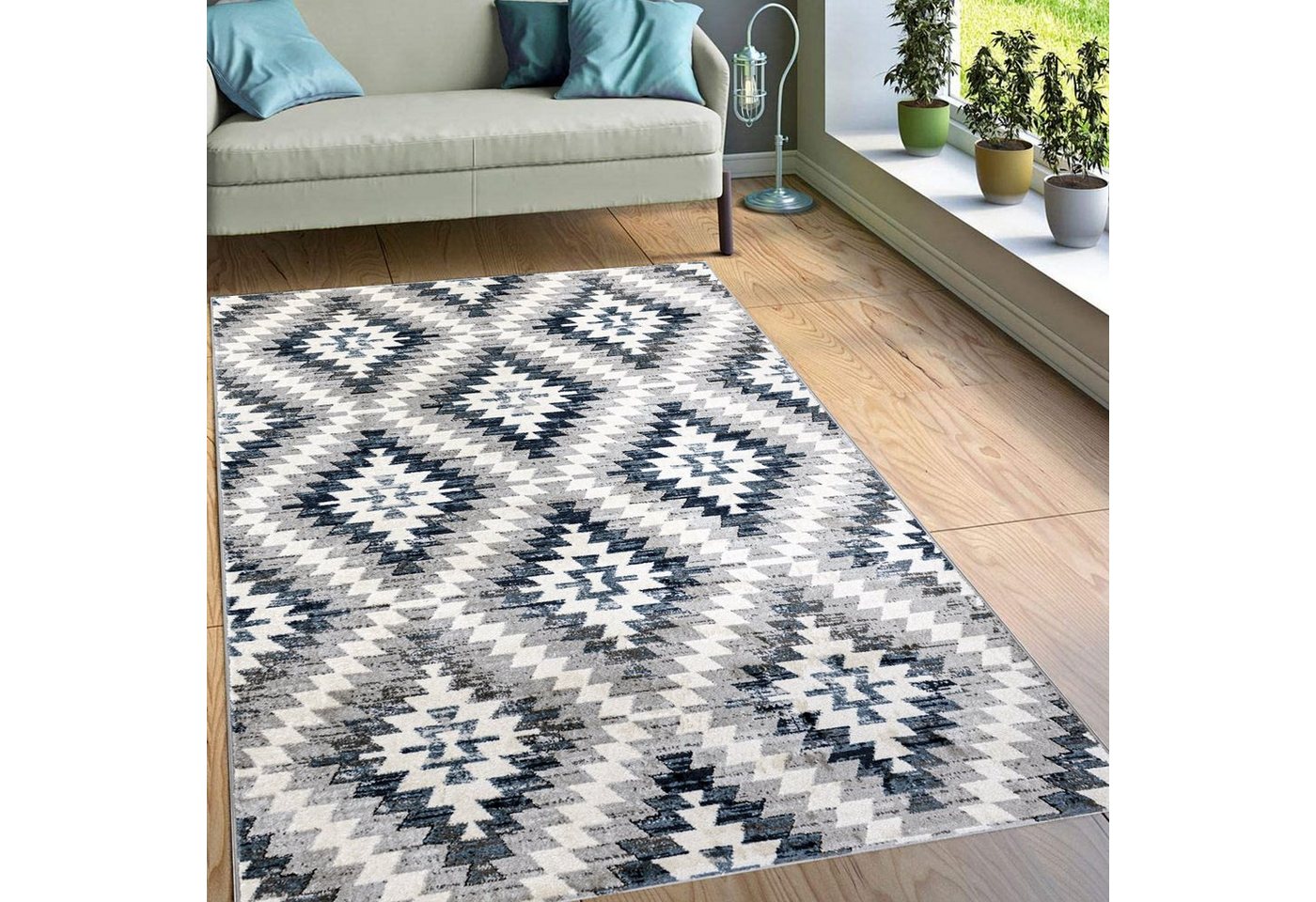 Designteppich Designer Wohnzimmer Teppich Palmas Teppich Rautenmuster Creme Blau, Carpetilla, Rechteckig, Höhe: 10 mm, Kurzflor, Wohnzimmer von Carpetilla