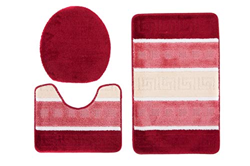 Badteppich Badematte Set - rutschfest und waschbar - Geprüft nach Oeko-TEX - 3er Set: 50 x 80 cm + 40 x 50 cm (WC-Vorleger) + 45 x 40 cm (WC-Deckelbezug) - Rot von Carpeto Rugs
