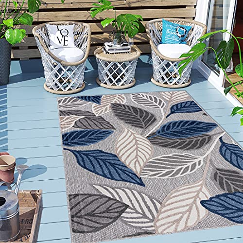 Carpeto Rugs Blattmuster In- & Outdoor Teppich Wetterfest für Balkon, Terasse - Balkon Teppich Wasserfest - Outdoorteppich Wetterfest - Aussenteppich Terrasse Groß - Grau Blau 3-140 x 200 cm von Carpeto Rugs