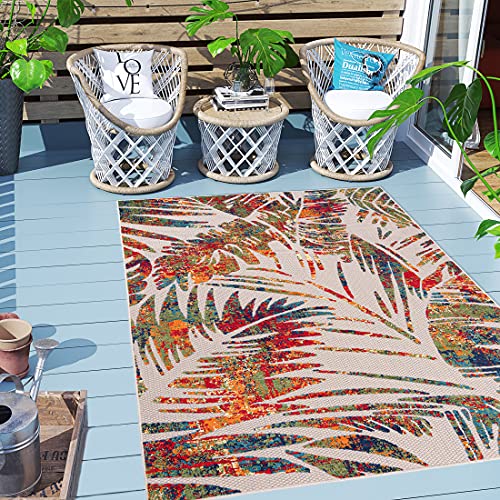 Carpeto Rugs Blattmuster In- & Outdoor Teppich Wetterfest für Balkon, Terasse - Balkon Teppich Wasserfest - Outdoorteppich Wetterfest - Aussenteppich Terrasse Groß - Mehrfarbig Bunt 1-120 x 170 cm von Carpeto Rugs