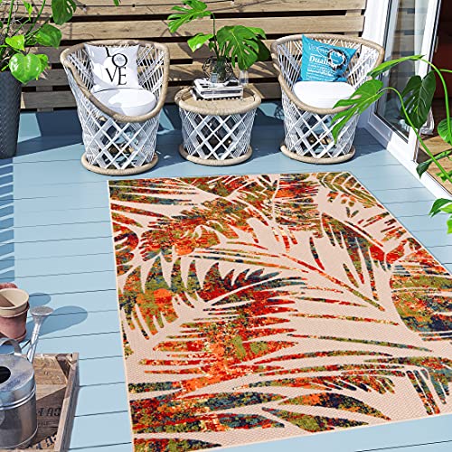 Carpeto Rugs Blattmuster In- & Outdoor Teppich Wetterfest für Balkon, Terasse - Balkon Teppich Wasserfest - Outdoorteppich Wetterfest - Aussenteppich Terrasse Groß - Mehrfarbig Bunt - 80 x 150 cm von Carpeto Rugs