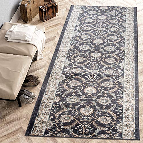 Carpeto Rugs Blumen Teppich Läufer Flur - Orientalisch Teppichläufer - Kurzflor, Weich - Flurläufer für Wohnzimmer, Schlafzimmer - Teppiche - Meterware - Anthrazit Schwarz 1-80 x 450 cm von Carpeto Rugs