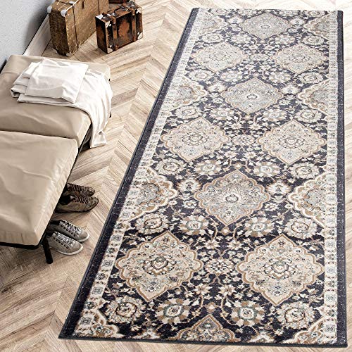 Carpeto Rugs Blumen Teppich Läufer Flur - Orientalisch Teppichläufer - Kurzflor, Weich - Flurläufer für Wohnzimmer, Schlafzimmer - Teppiche - Meterware - Anthrazit Schwarz 2-70 x 150 cm von Carpeto Rugs