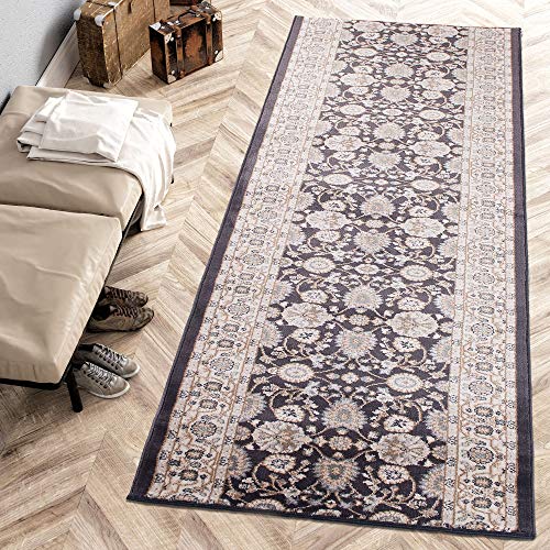 Carpeto Rugs Blumen Teppich Läufer Flur - Orientalisch Teppichläufer - Kurzflor, Weich - Flurläufer für Wohnzimmer, Schlafzimmer - Teppiche - Meterware - Anthrazit Schwarz - 70 x 300 cm von Carpeto Rugs