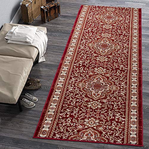 Carpeto Rugs Blumen Teppich Läufer Flur - Orientalisch Teppichläufer - Kurzflor, Weich - Flurläufer für Wohnzimmer, Schlafzimmer - Teppiche - Meterware - Burgund Rot - 80 x 180 cm von Carpeto Rugs