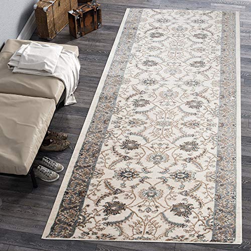 Carpeto Rugs Blumen Teppich Läufer Flur - Orientalisch Teppichläufer - Kurzflor, Weich - Flurläufer für Wohnzimmer, Schlafzimmer - Teppiche - Meterware - Ecru Weiß - 100 x 300 cm von Carpeto Rugs