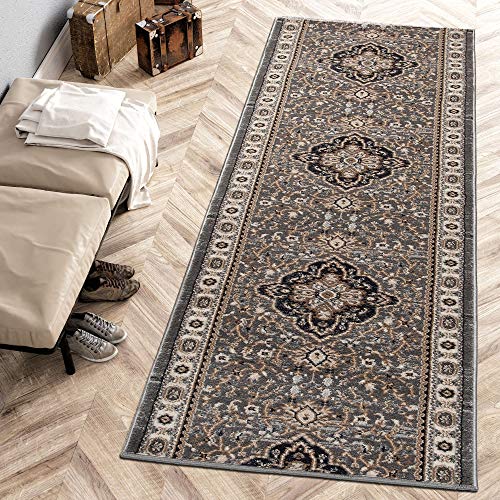 Carpeto Rugs Blumen Teppich Läufer Flur - Orientalisch Teppichläufer - Kurzflor, Weich - Flurläufer für Wohnzimmer, Schlafzimmer - Teppiche - Meterware - Grau - 100 x 380 cm von Carpeto Rugs