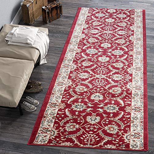 Carpeto Rugs Blumen Teppich Läufer Flur - Orientalisch Teppichläufer - Kurzflor, Weich - Flurläufer für Wohnzimmer, Schlafzimmer - Teppiche - Meterware - Rot Burgund 2-120 x 380 cm von Carpeto Rugs