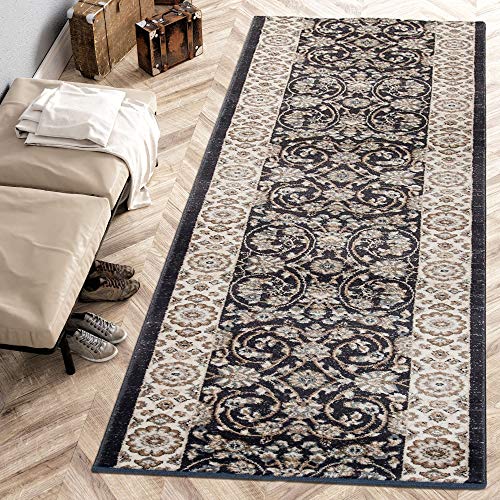 Carpeto Rugs Blumen Teppich Läufer Flur - Orientalisch Teppichläufer - Kurzflor, Weich - Flurläufer für Wohnzimmer, Schlafzimmer - Teppiche - Meterware - Schwarz Anthrazit - 100 x 300 cm von Carpeto Rugs