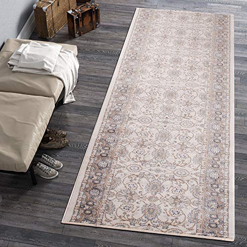 Carpeto Rugs Blumen Teppich Läufer Flur - Orientalisch Teppichläufer - Kurzflor, Weich - Flurläufer für Wohnzimmer, Schlafzimmer - Teppiche - Meterware - Weiß Creme - 70 x 300 cm von Carpeto Rugs