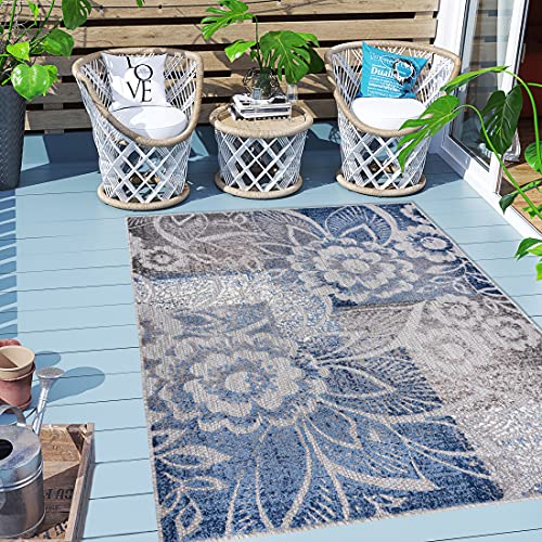 Carpeto Rugs Blumenmuster In- & Outdoor Teppich Wetterfest für Balkon, Terasse - Balkon Teppich Wasserfest - Outdoorteppich Wetterfest - Aussenteppich Terrasse Groß - Blau Grau 1-120 x 170 cm von Carpeto Rugs