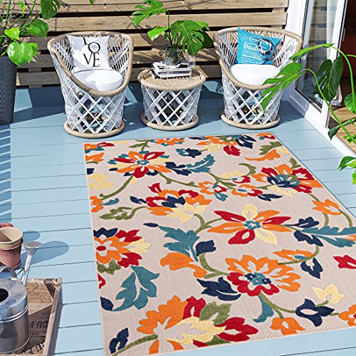 Carpeto Rugs Blumenmuster In- & Outdoor Teppich Wetterfest für Balkon, Terasse - Balkon Teppich Wasserfest - Outdoorteppich Wetterfest - Aussenteppich Terrasse Groß - Orange Bunt - 140 x 200 cm von Carpeto Rugs