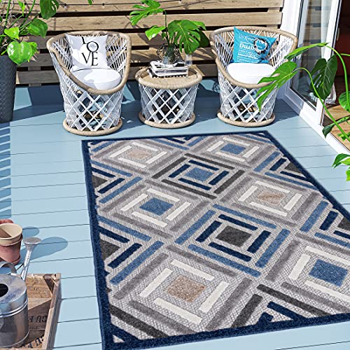 Carpeto Rugs Geometrisch In- & Outdoor Teppich Wetterfest für Balkon, Terasse - Balkon Teppich Wasserfest - Outdoorteppich Wetterfest - Aussenteppich Terrasse Groß - Blau Grau 2-160 x 230 cm von Carpeto Rugs