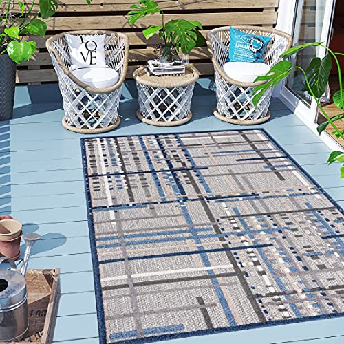 Carpeto Rugs Geometrisch In- & Outdoor Teppich Wetterfest für Balkon, Terasse - Balkon Teppich Wasserfest - Outdoorteppich Wetterfest - Aussenteppich Terrasse Groß - Grau Blau - 120 x 170 cm von Carpeto Rugs