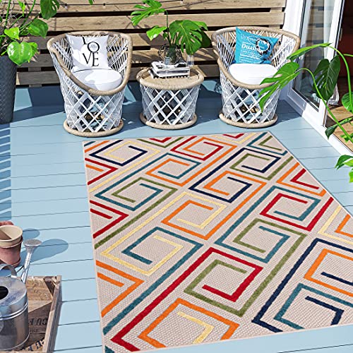 Carpeto Rugs Geometrisch In- & Outdoor Teppich Wetterfest für Balkon, Terasse - Balkon Teppich Wasserfest - Outdoorteppich Wetterfest - Aussenteppich Terrasse Groß - Mehrfarbig Bunt - 120 x 170 cm von Carpeto Rugs