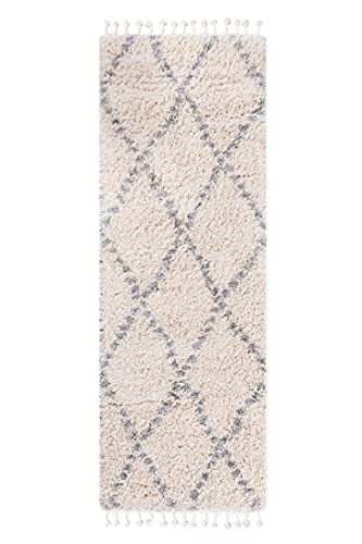 Carpeto Rugs Läufer Teppich Boho mit Fransen - Shaggy Skandinavischer Stil Ethno Muster - Wohnzimmer Schlafzimmer Flur - Weich und Flauschig Hochflor 30 mm ÖKOTEX - Creme 60 x 200 cm von Carpeto Rugs