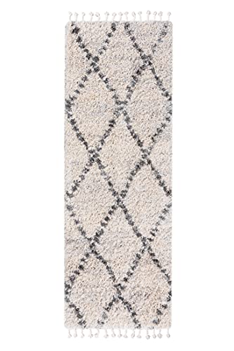 Carpeto Rugs Läufer Teppich Boho mit Fransen - Shaggy Skandinavischer Stil Ethno Muster - Wohnzimmer Schlafzimmer Flur - Weich und Flauschig Hochflor 30 mm ÖKOTEX - Creme Grau 70 x 250 cm von Carpeto Rugs