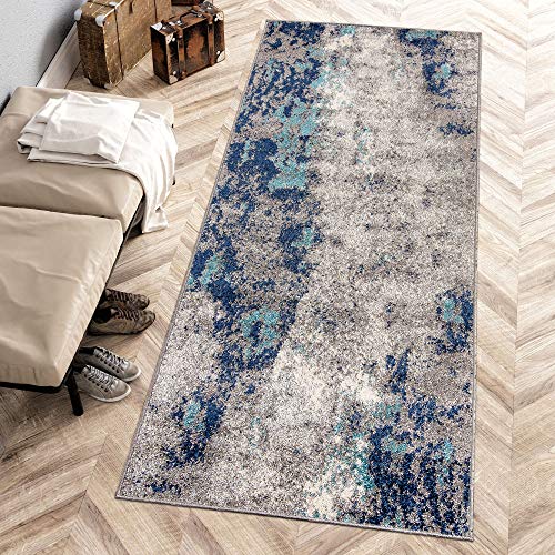 Carpeto Rugs Modern Läufer Flur Teppich Abstrakt Muster - Kurzflor Teppichläufer für Flur, Küche, Schlafzimmer, Esszimmer - Flurläufer in Versch. Größen und Farben - Dunkelblau Grau 80 x 300 cm von Carpeto Rugs