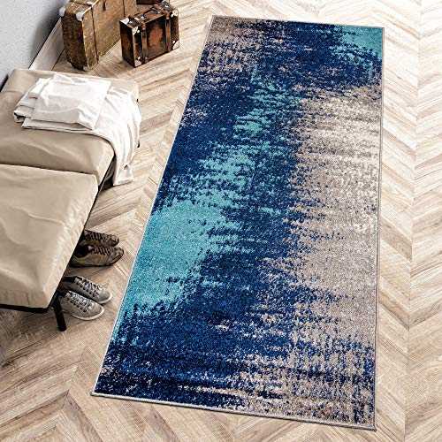 Carpeto Rugs Modern Läufer Flur Teppich Abstrakt Muster - Kurzflor Teppichläufer für Flur, Küche, Schlafzimmer, Esszimmer - Flurläufer in Versch. Größen und Farben - Dunkelblau Grau 80 x 300 cm von Carpeto Rugs