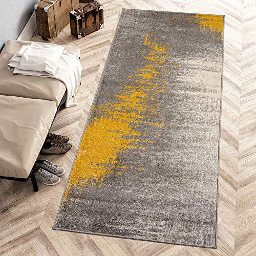 Carpeto Rugs Modern Läufer Flur Teppich Abstrakt Muster - Kurzflor Teppichläufer für Flur, Küche, Schlafzimmer, Esszimmer - Flurläufer in Versch. Größen und Farben - Grau Gelb 80 x 200 cm von Carpeto Rugs