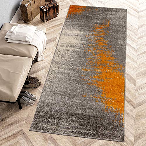 Carpeto Rugs Modern Läufer Flur Teppich Abstrakt Muster - Kurzflor Teppichläufer für Flur, Küche, Schlafzimmer, Esszimmer - Flurläufer in Versch. Größen und Farben - Grau Orange 70 x 200 cm von Carpeto Rugs