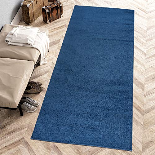 Carpeto Rugs Modern Läufer Flur Teppich Einfarbig Muster - Flauschige Flachflor Teppiche für Wohnzimmer, Schlafzimmer, Kinderzimmer - Kurzflor in Versch. Größen Pastell Dunkelblau Blau 60 x 200 cm von Carpeto Rugs