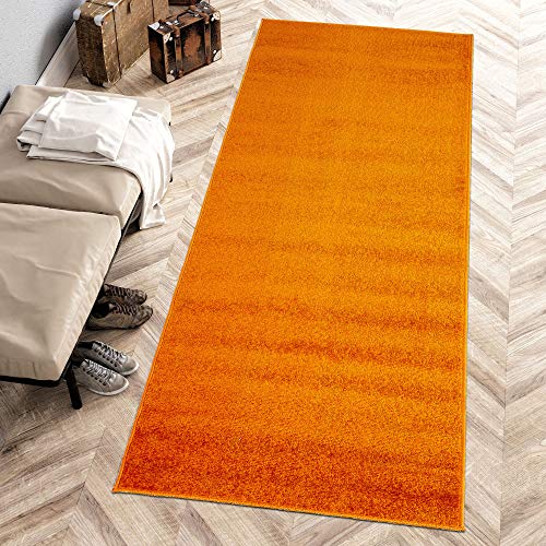 Carpeto Rugs Modern Läufer Flur Teppich Einfarbig Muster - Flauschige Flachflor Teppiche für Wohnzimmer, Schlafzimmer, Kinderzimmer - Kurzflor in Versch. Größen Pastell Farben Orange 80 x 300 cm von Carpeto Rugs