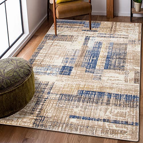 Carpeto Rugs Modern Teppich abstrakt Muster - Kurzflor, Weich und Glanz - Teppich für Wohnzimmer, Schlafzimmer, Esszimmer - ÖKO-TEX Wohnzimmerteppich - Beige Blau 1-140 x 200 cm von Carpeto Rugs