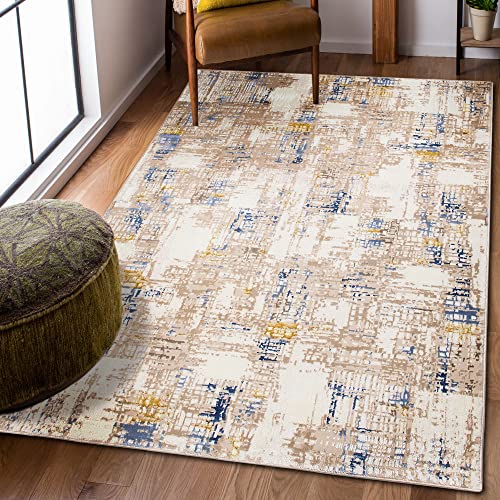 Carpeto Rugs Modern Teppich abstrakt Muster - Kurzflor, Weich und Glanz - Teppich für Wohnzimmer, Schlafzimmer, Esszimmer - ÖKO-TEX Wohnzimmerteppich - Beige Gold Blau - 120 x 170 cm von Carpeto Rugs