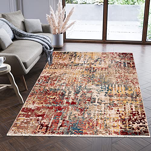 Carpeto Rugs Modern Teppich Abstrakt Muster mit Fransen - Lebendige Farben, Baumwollrücken, Kurzflor Niedriger Flor - Beige Bunt 160 x 225 cm von Carpeto Rugs