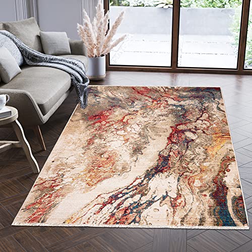 Carpeto Rugs Modern Teppich Abstrakt Muster mit Fransen - Lebendige Farben, Baumwollrücken, Kurzflor Niedriger Flor - Beige Rot Bunt 200 x 305 cm von Carpeto Rugs