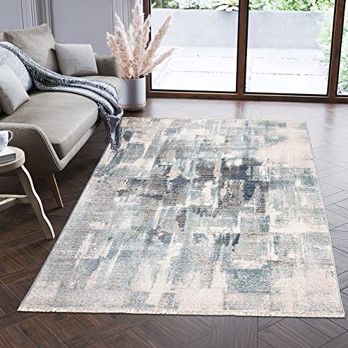 Carpeto Rugs Modern Teppich Abstrakt Muster mit Fransen - Lebendige Farben, Baumwollrücken, Kurzflor Niedriger Flor - Creme Blau 120 x 170 cm von Carpeto Rugs