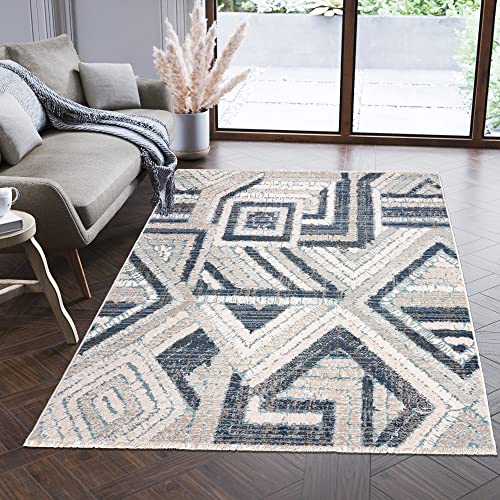 Carpeto Rugs Modern Teppich Abstrakt Muster mit Fransen - Lebendige Farben, Baumwollrücken, Kurzflor Niedriger Flor - Creme Blau 160 x 225 cm von Carpeto Rugs