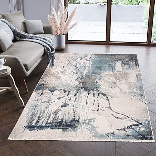 Carpeto Rugs Modern Teppich Abstrakt Muster mit Fransen - Lebendige Farben, Baumwollrücken, Kurzflor Niedriger Flor - Creme Blau Beige 120 x 170 cm von Carpeto Rugs