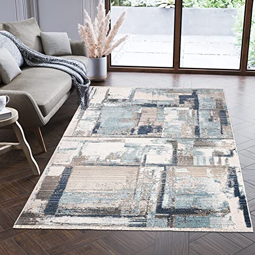 Carpeto Rugs Modern Teppich Abstrakt Muster mit Fransen - Lebendige Farben, Baumwollrücken, Kurzflor Niedriger Flor - Creme Blau Beige 120 x 170 cm von Carpeto Rugs