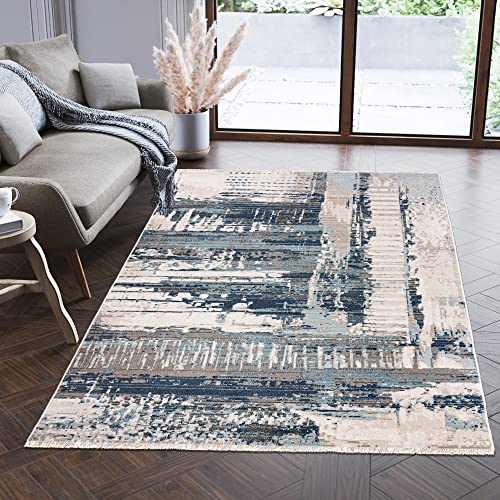 Carpeto Rugs Modern Teppich Abstrakt Muster mit Fransen - Lebendige Farben, Baumwollrücken, Kurzflor Niedriger Flor - Creme Blau Beige 160 x 225 cm von Carpeto Rugs
