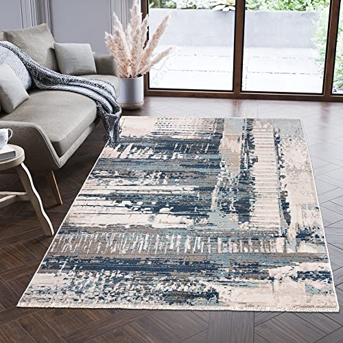 Carpeto Rugs Modern Teppich Abstrakt Muster mit Fransen - Lebendige Farben, Baumwollrücken, Kurzflor Niedriger Flor - Creme Blau Beige 200 x 305 cm von Carpeto Rugs