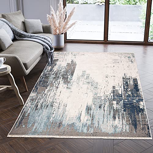 Carpeto Rugs Modern Teppich Abstrakt Muster mit Fransen - Lebendige Farben, Baumwollrücken, Kurzflor Niedriger Flor - Creme Blau Beige 200 x 305 cm von Carpeto Rugs