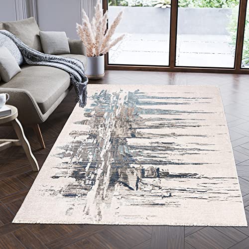 Carpeto Rugs Modern Teppich Abstrakt Muster mit Fransen - Lebendige Farben, Baumwollrücken, Kurzflor Niedriger Flor - Creme Blau Beige 200 x 305 cm von Carpeto Rugs