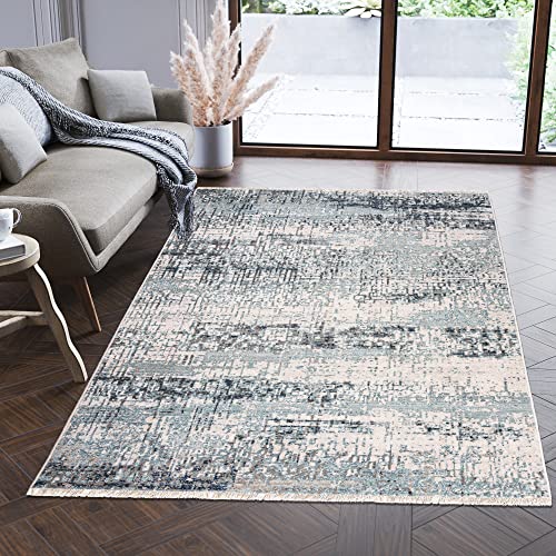 Carpeto Rugs Modern Teppich Abstrakt Muster mit Fransen - Lebendige Farben, Baumwollrücken, Kurzflor Niedriger Flor - Creme Grau 200 x 305 cm von Carpeto Rugs