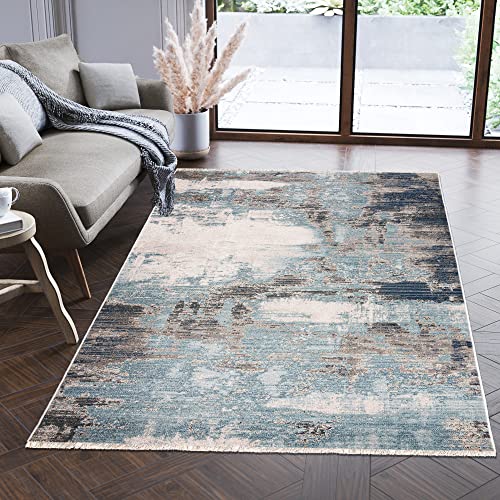 Carpeto Rugs Modern Teppich Abstrakt Muster mit Fransen - Lebendige Farben, Baumwollrücken, Kurzflor Niedriger Flor - Creme Grau 200 x 305 cm von Carpeto Rugs