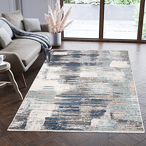 Carpeto Rugs Modern Teppich Abstrakt Muster mit Fransen - Lebendige Farben, Baumwollrücken, Kurzflor Niedriger Flor - Grau Beige 200 x 305 cm von Carpeto Rugs